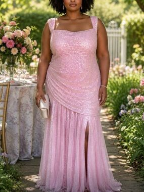 Plus-Size Pink Sequin Evening Gown with Square Neck